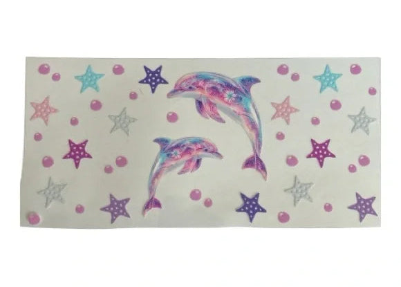 Colorful dolphin and star pattern cup wrap on a clear background
