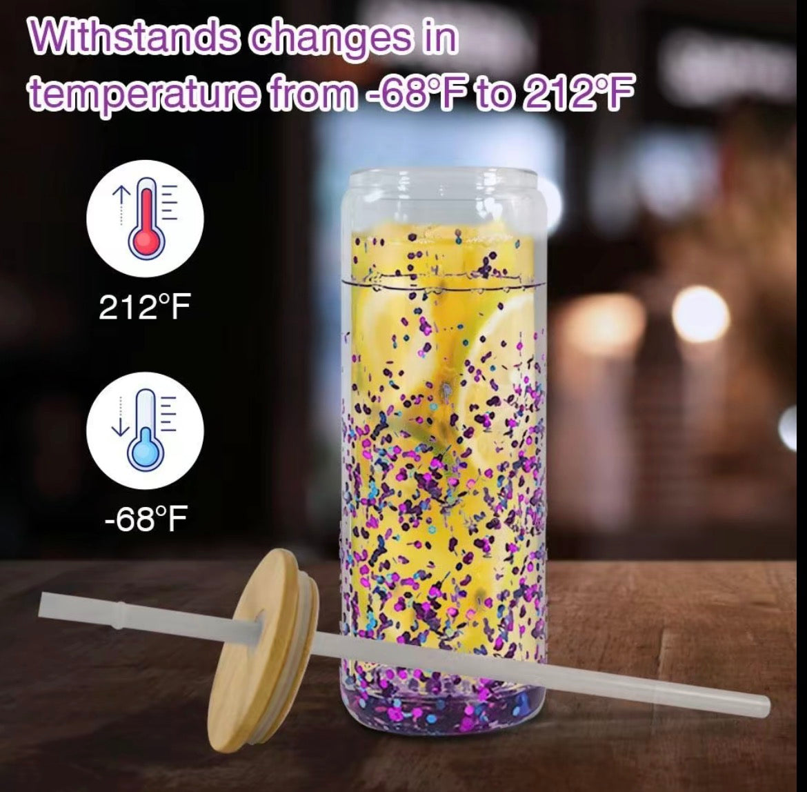 Colorful tumbler with a straw on a wooden surface, with temperature range text overlay.