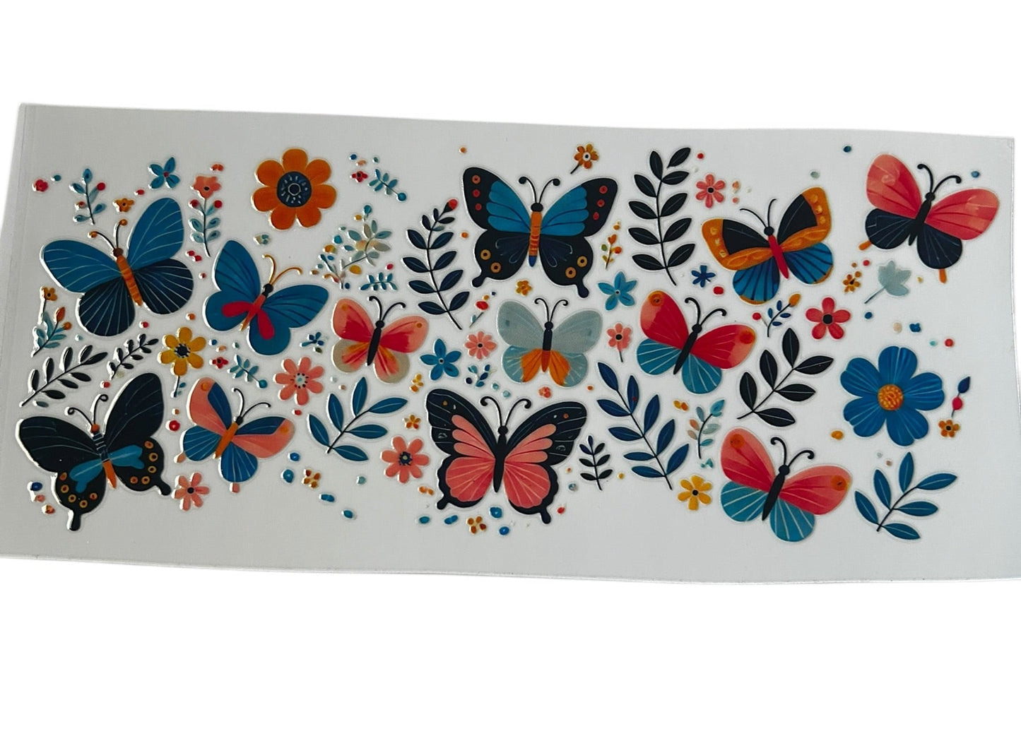 Butterfly garden floral cup wrap with colorful butterflies and flowers for custom tumbler