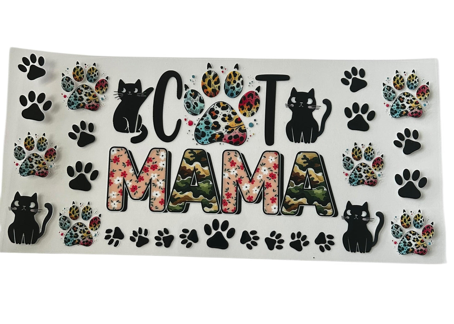 cat mama cup wrap with paw prints black cats leopard accents floral camo text design