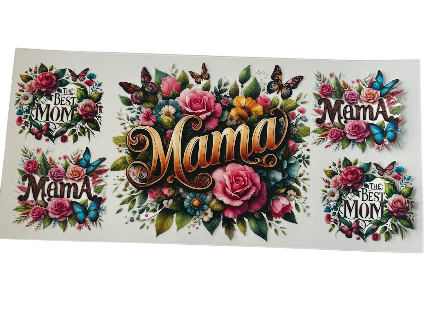Mama floral bouquet cup wrap with butterflies and Best Mom accents colorful detailed design