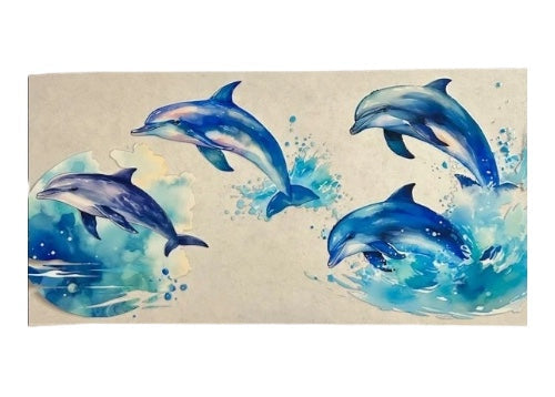 Artistic depiction of dolphins in water with a beige background
