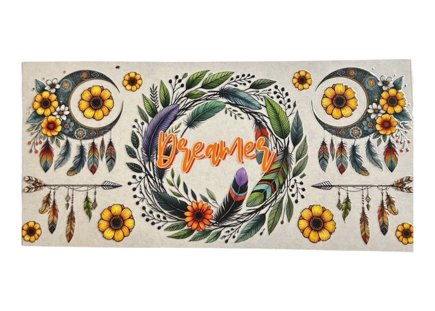 Decorative cup wrap with floral and feather designs and the word 'Dreamer' in the center.