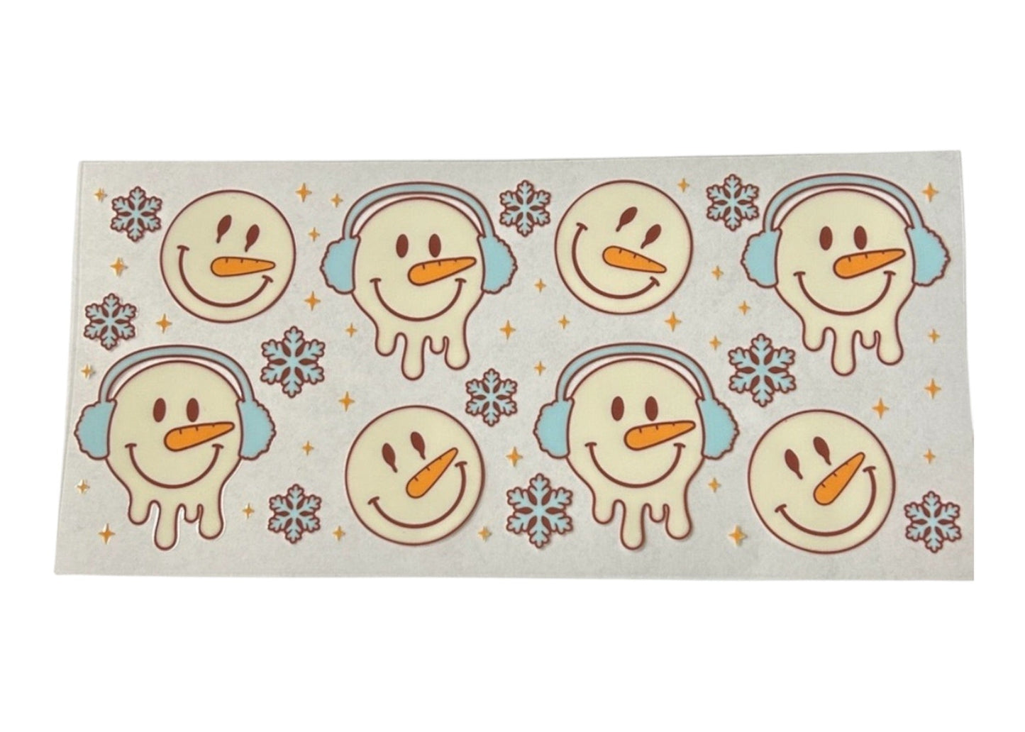 Sheet of stickers with snowman designs on a white background
