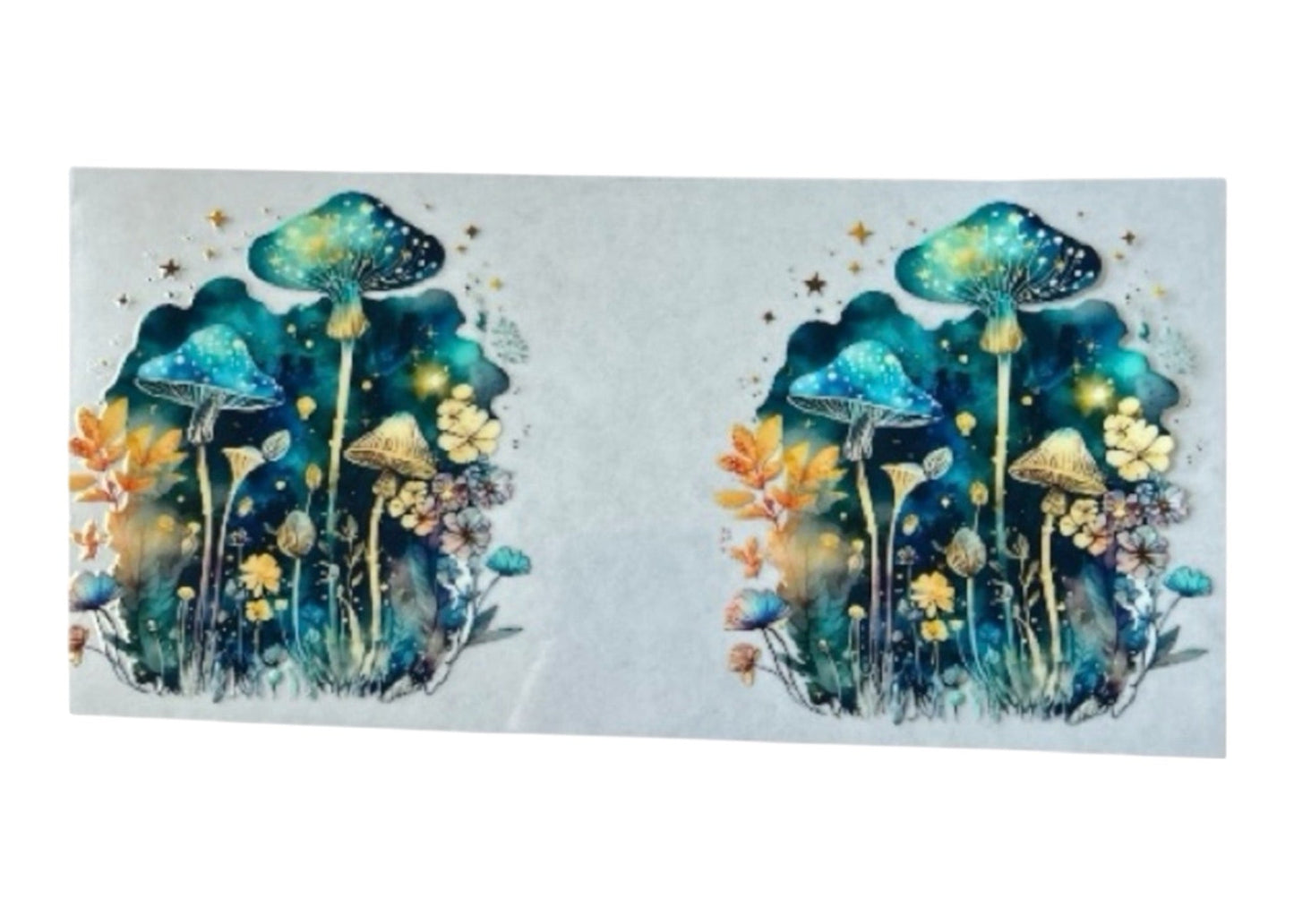 Two identical illustrations of mushrooms and flowers on a white background