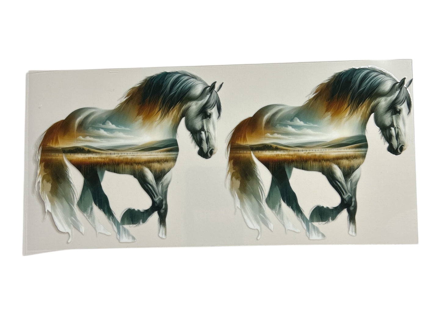 Two horses walking side by side on a reflective surface with a white background
