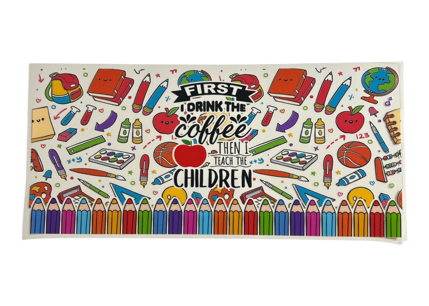 Colorful decal with educational-themed design and text on a white background