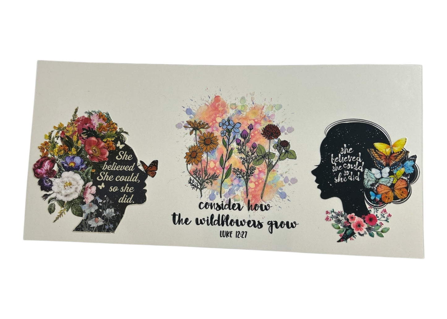 Decorative sticker with floral designs and motivational text on a white background