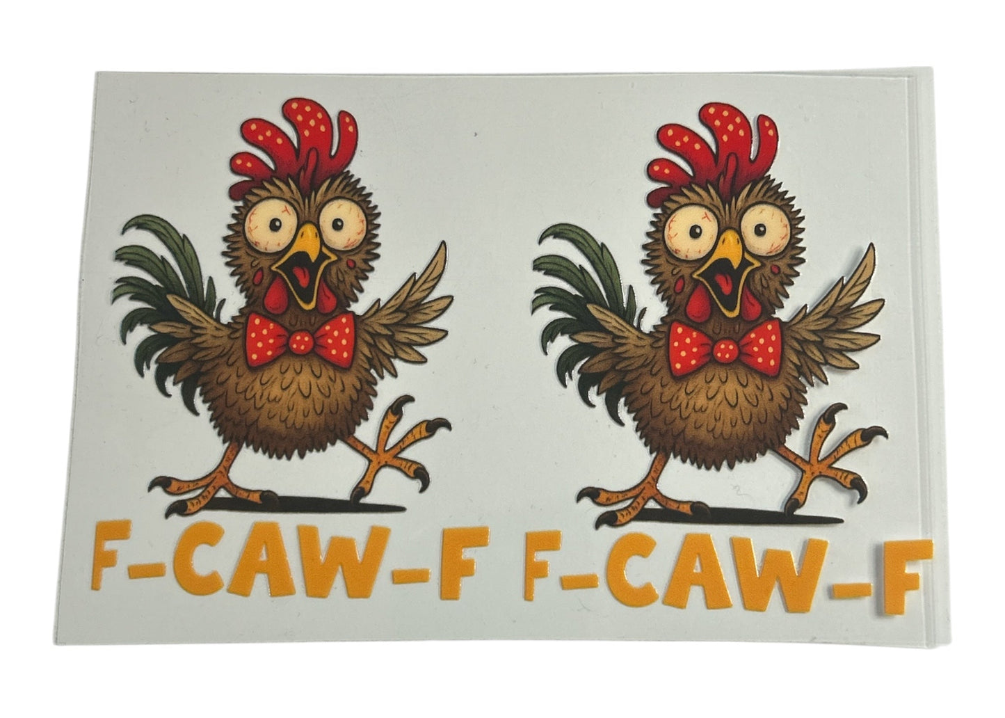 Two cartoon roosters with red crowns and bow ties on a white background with 'F-CAW-F' text.