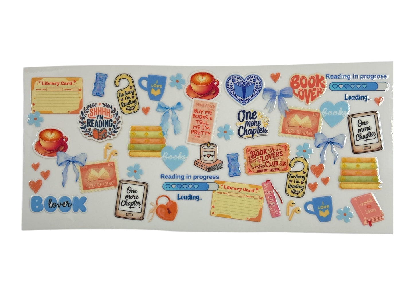 Decorative bookshelf sticker with various elements on a white background