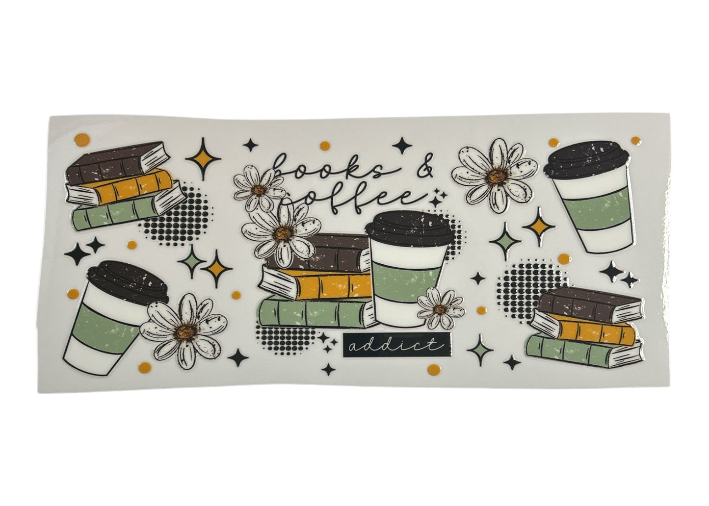 Sticker with books, coffee cups, and flowers on a white background