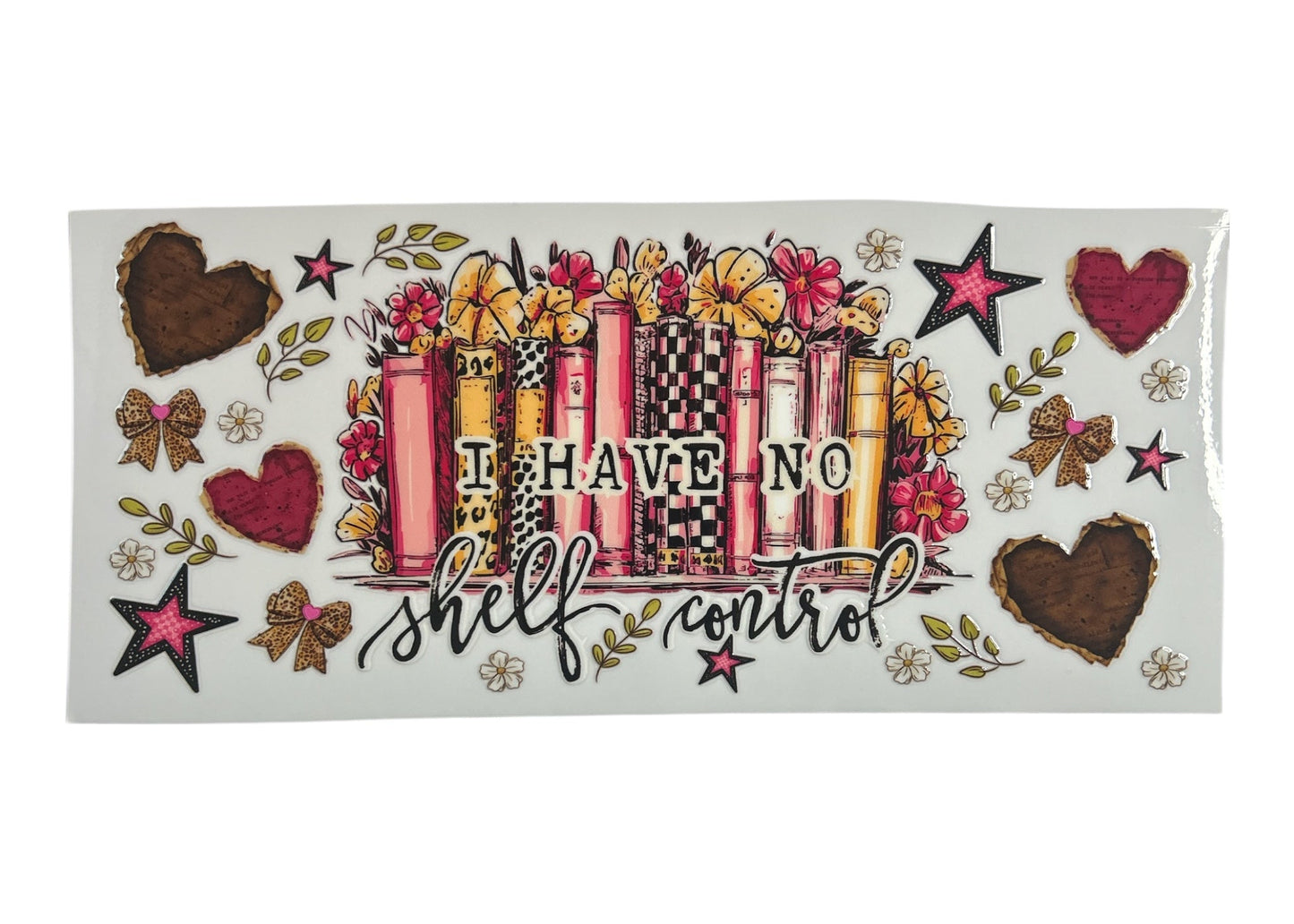Decorative sticker with colorful design and text 'I have no shelf control' on a white background