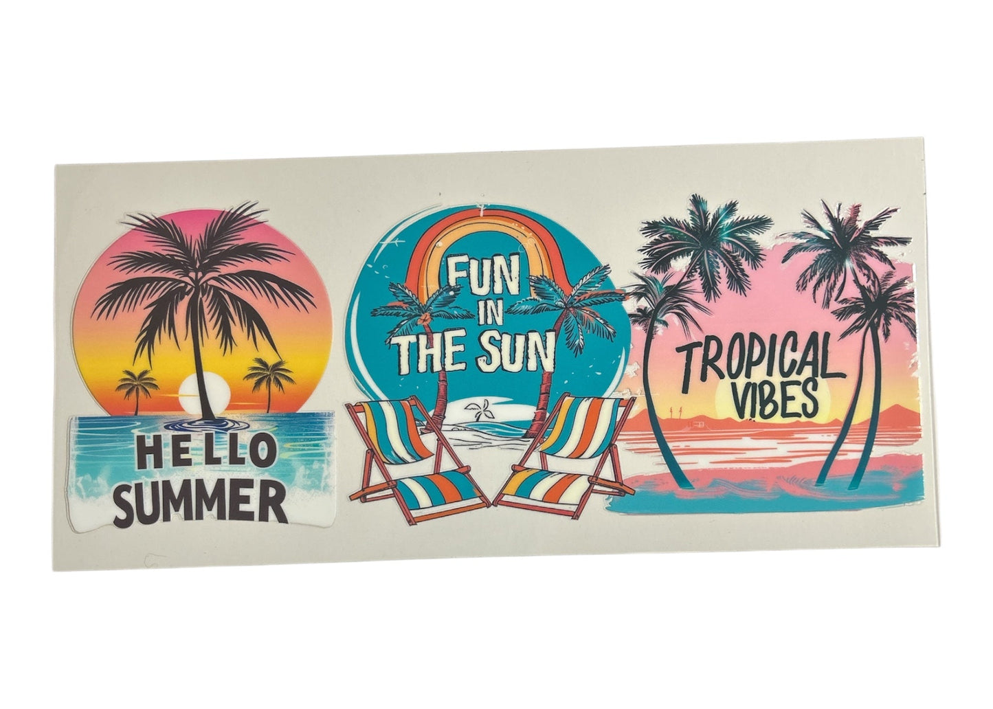 Colorful beach-themed cup wrap with palm trees, lounge chairs, and text on a white background
