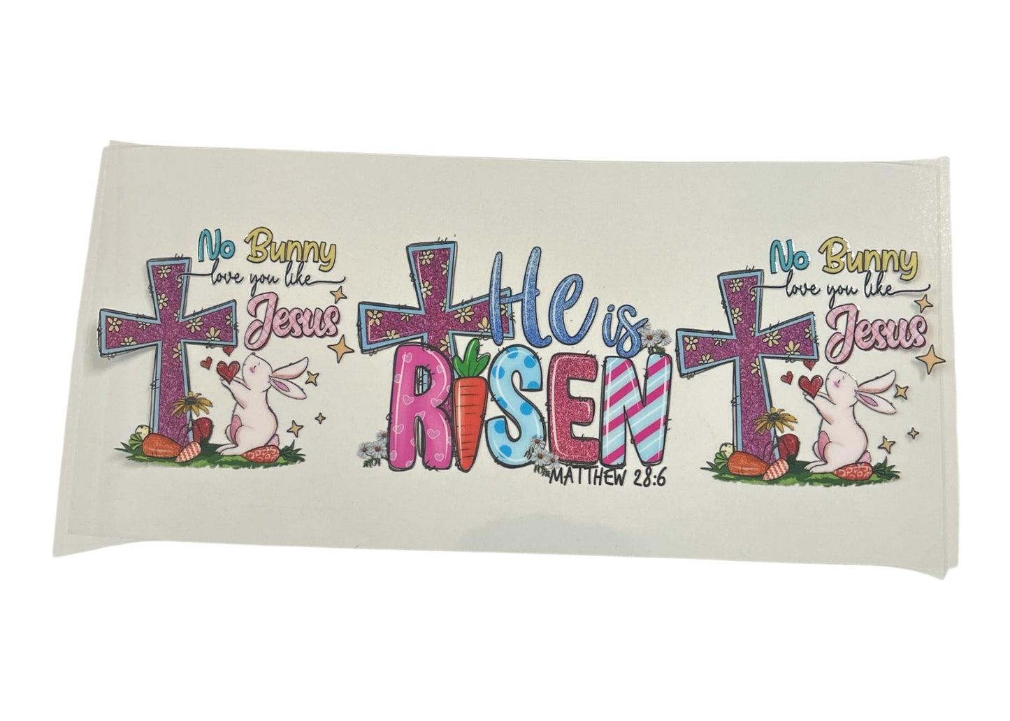 Decorative cup wrap with Easter-themed text and graphics on a white background