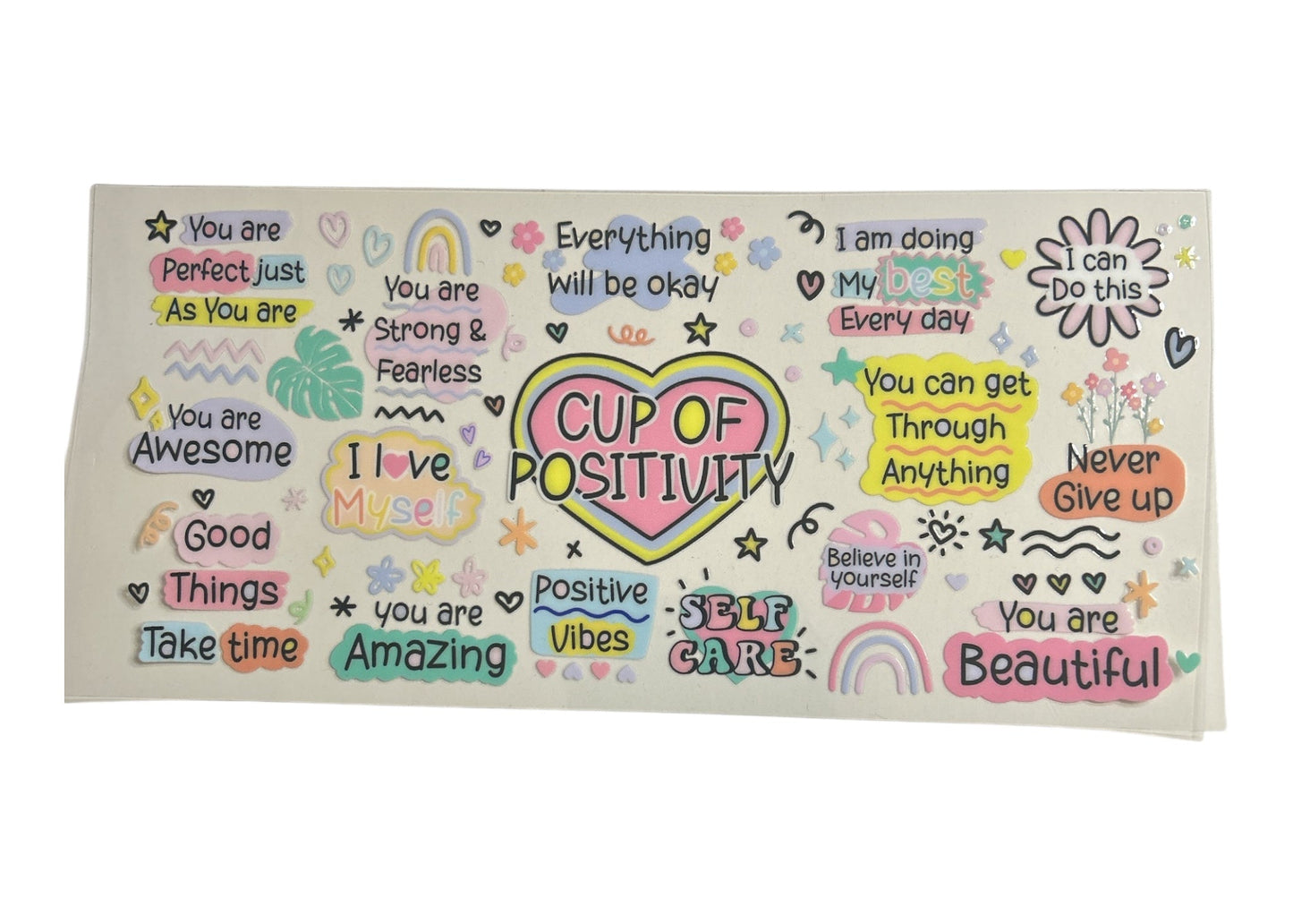 Motivational cup wrap with positive affirmations and colorful design on a clear background