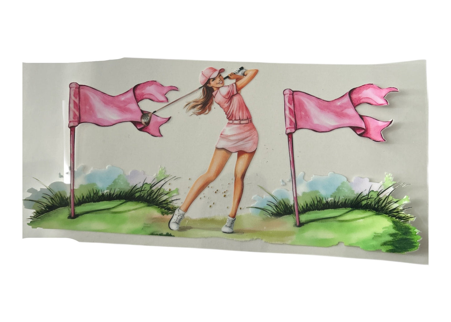 Cup wrap with a design of a golfer and pink flags on a white background