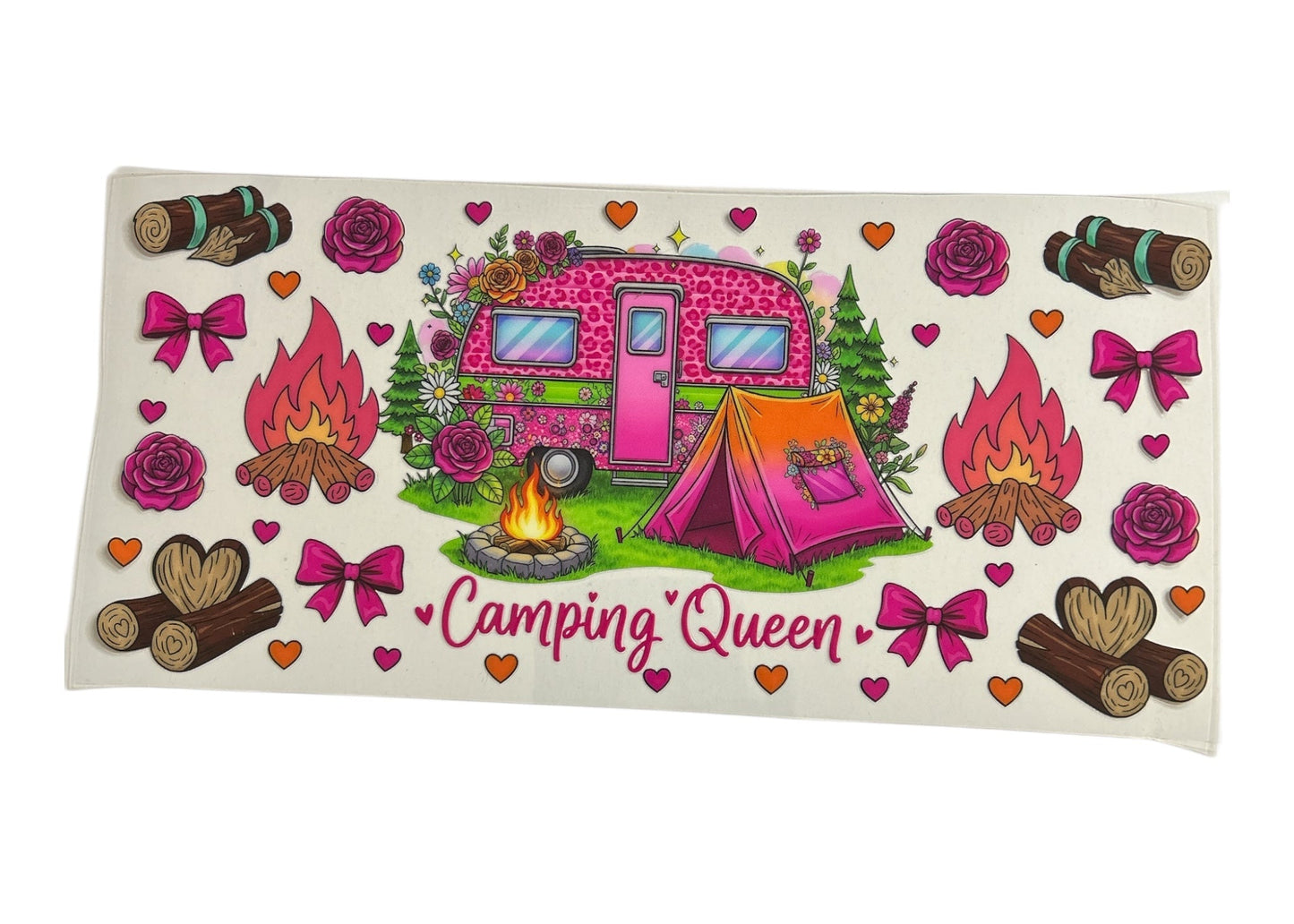 Vibrant cup wrap design featuring a pink leopard-print camper, a pink tent, campfires, and floral accents with the text "Camping Queen" in a cursive pink font, surrounded by logs, roses, and bows.