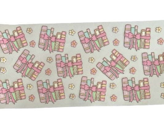 pastel book stack cup wrap with floral accents soft aesthetic reading themed design