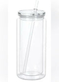 Clear plastic tumbler with a straw on a white background