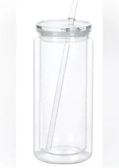 Clear plastic tumbler with a straw on a white background