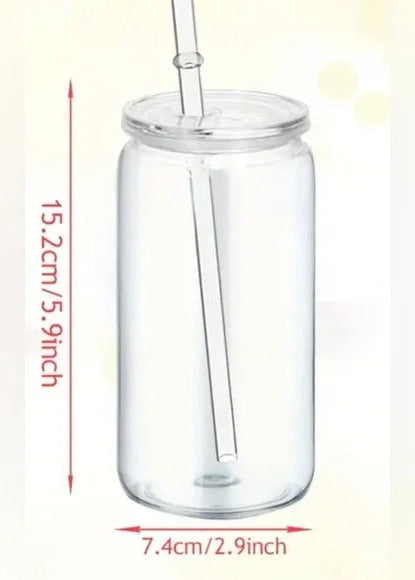 Clear acrylic cup with a straw and measurements on a white background