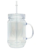 Clear acrylic mug with handle and straw on a white background