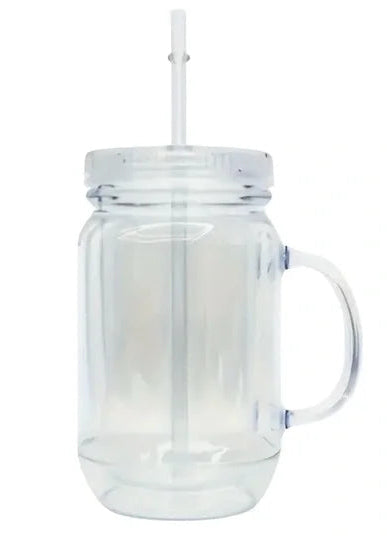 Clear acrylic mug with handle and straw on a white background