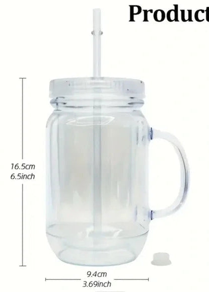 Clear acrylic mug with handle and straw, featuring measurements on a white background.