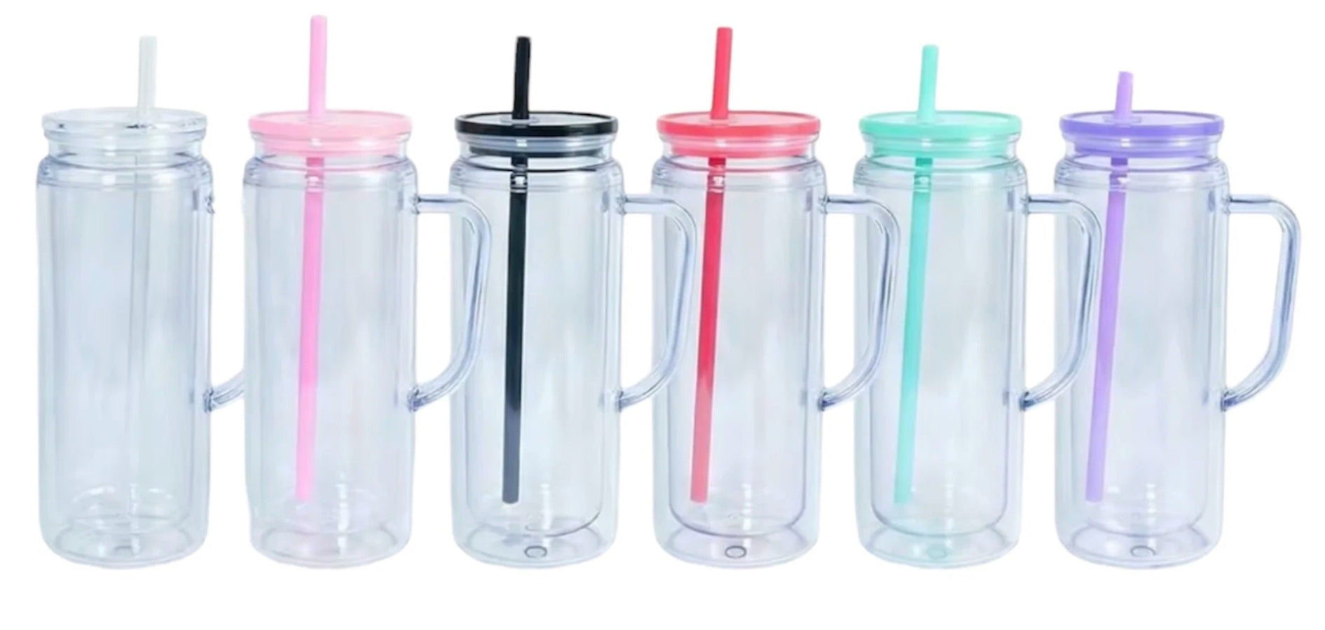Set of six clear water bottles with colorful lids and straws on a white background