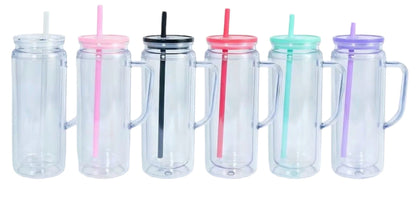 Set of six clear water bottles with colorful lids and straws on a white background