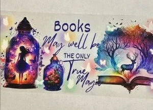 Decorative banner with silhouettes of a girl and a deer, open books, and colorful lanterns with the text 'Books may well be the only true magic'.