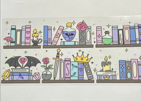 Illustration of a bookshelf with books, candles, and decorative items on a white background