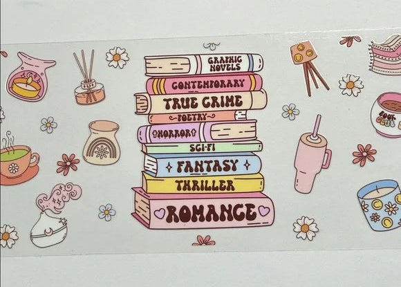 Illustration of books with genre labels on a decorative background with icons.
