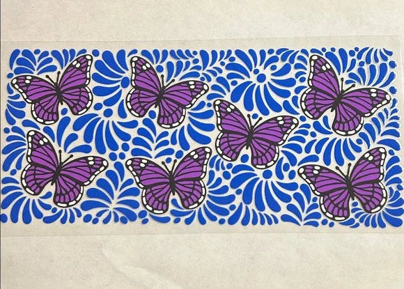 Decorative border with purple butterflies on a blue floral pattern
