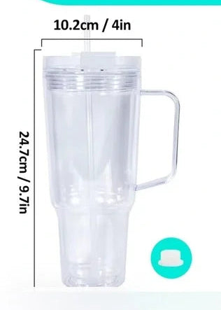 Clear mug with handle and measurements on a white background