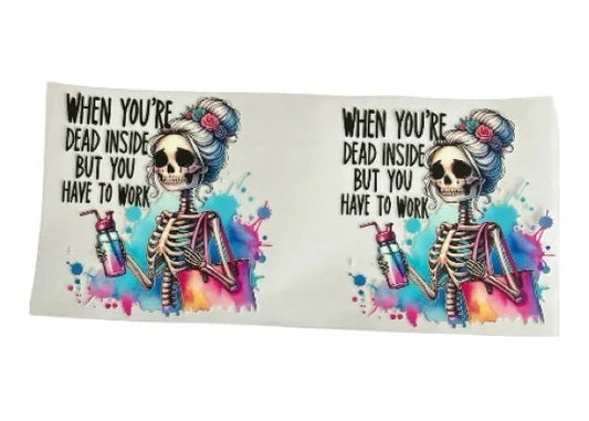 Two skeletons with colorful hair and tattoos on a white background with text.