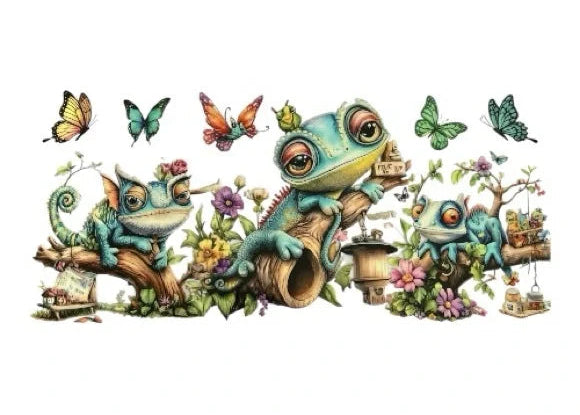 Colorful cup wrap of chameleons and butterflies on a clear background