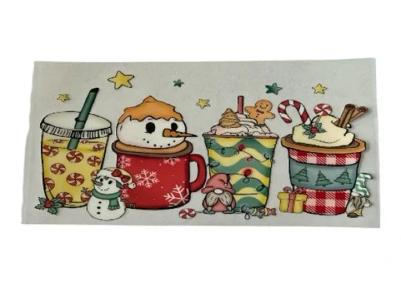 Decorative cup wrap with cartoon hot chocolate cups and festive elements on a white background