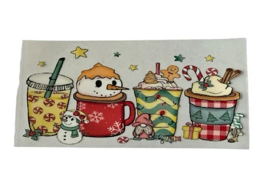 Decorative cup wrap with cartoon hot chocolate cups and festive elements on a white background