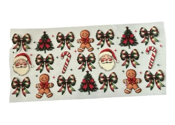 Sheet of Christmas-themed stickers featuring Santa Claus, trees, candy canes, and gingerbread men on a clear background.