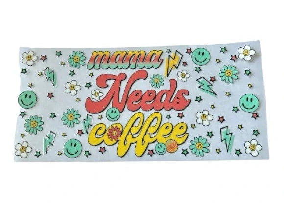 Sticker sheet with 'mama Needs coffee' text and colorful graphics on a clear background