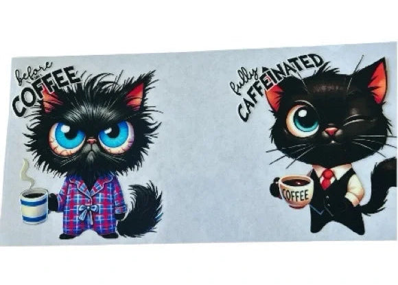 Two cartoon black cats with coffee cups on a clear background