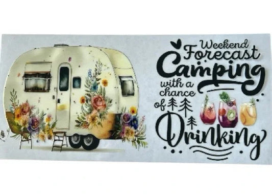 Decorative sticker with a camper and floral design, featuring text 'Weekend Forecast Camping with a chance of Drinking'.