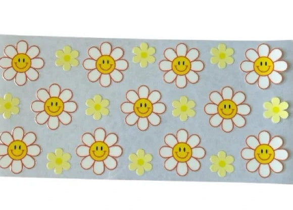 Pattern of smiley face daisy flowers on a clear background
