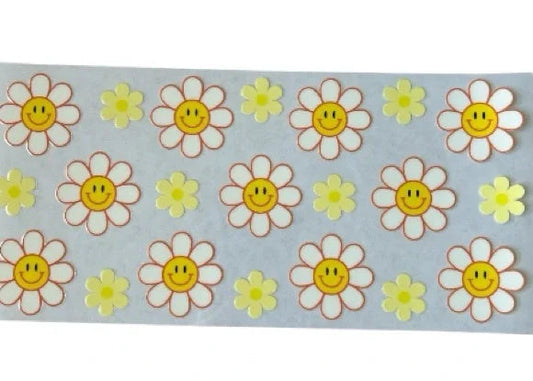 Pattern of smiley face daisy flowers on a clear background