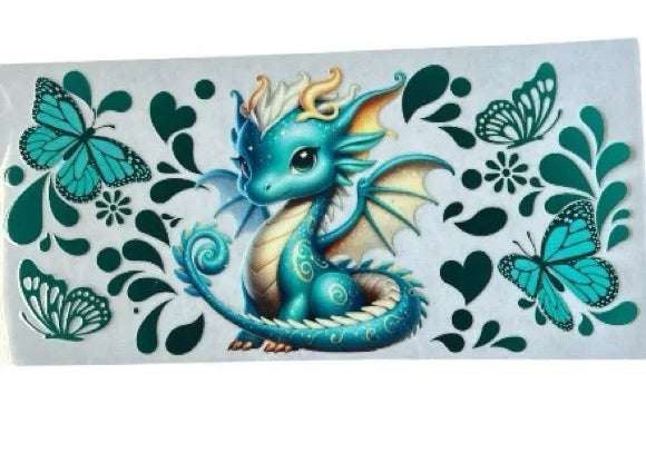 Decorative sticker with a blue dragon and green butterflies on a clear background