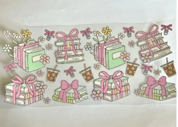 stacked books cup wrap with bows and floral accents soft feminine book lover design