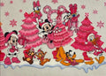 Cartoon characters in festive outfits with Christmas trees and presents on a light background