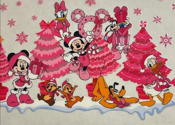 Cartoon characters in festive outfits with Christmas trees and presents on a light background