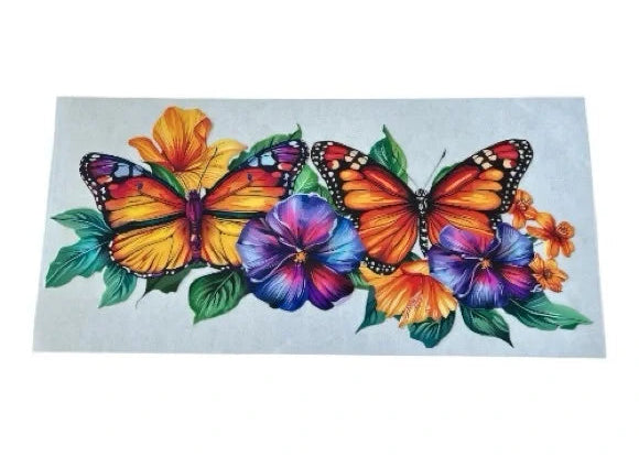 Colorful butterflies and flowers on a white background